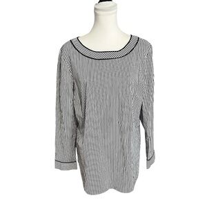 Talbots Blouse Size XL 100% Cotton Striped Black & White Long Sleeve Side Zip